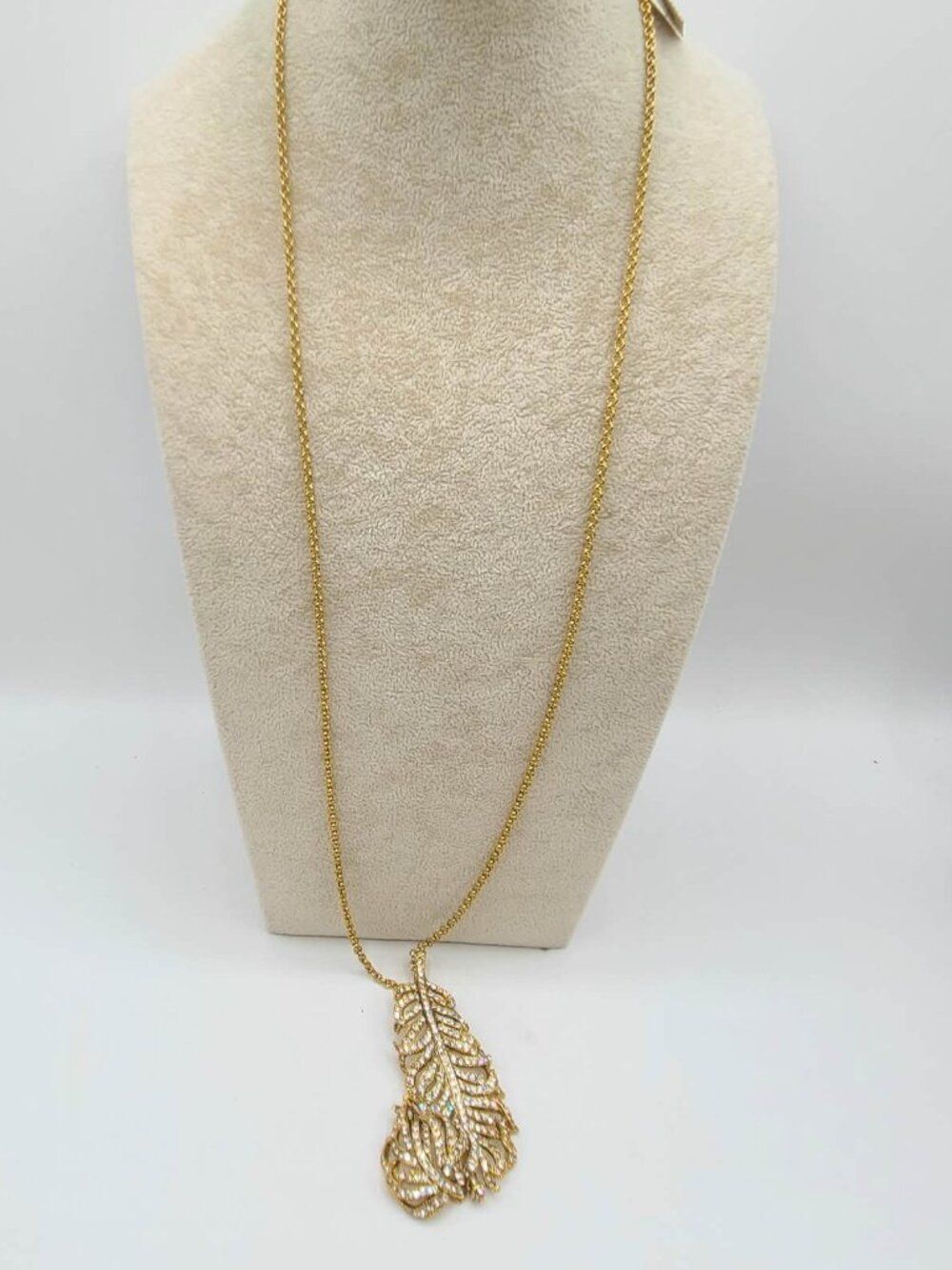 J Crew Pave Gold Tone Feather Long Pendant NWT